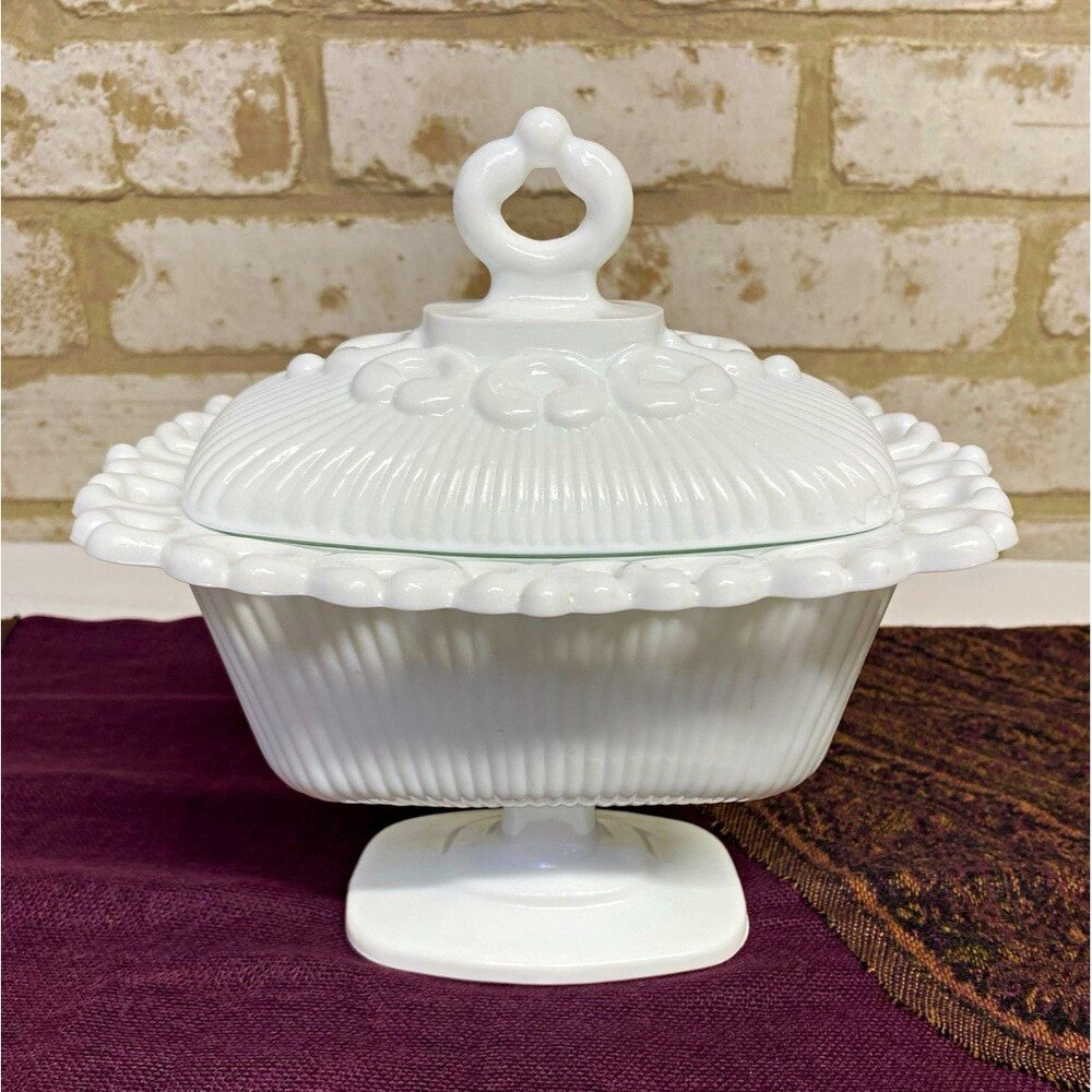 Vintage Milk Glass Covered Pedestal Candy Dish – Loop Handle – Mid‑Century